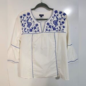 IZOD Women's White and Blue Embroidered Top,Size Large